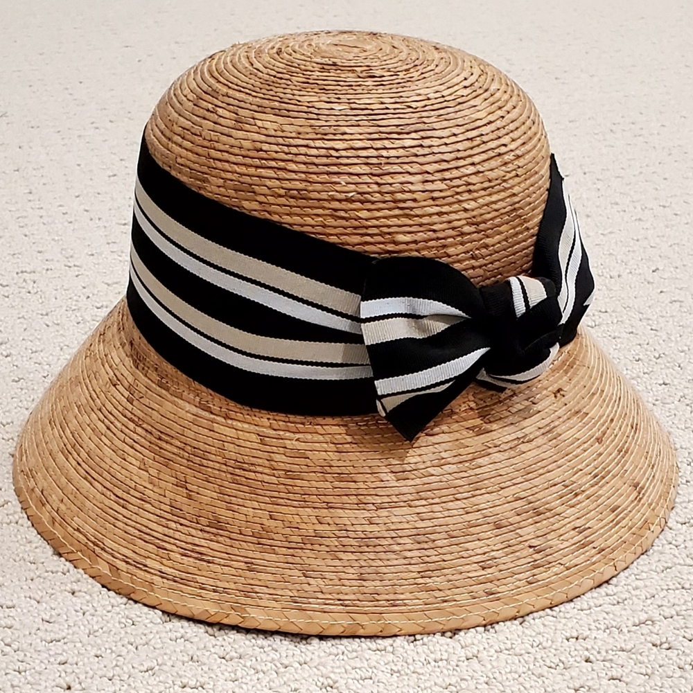 Tula "Ella" Woven Palm Bucket Sun Hat,Black/Tan/White Stripe Ribbon Band OS NWOT